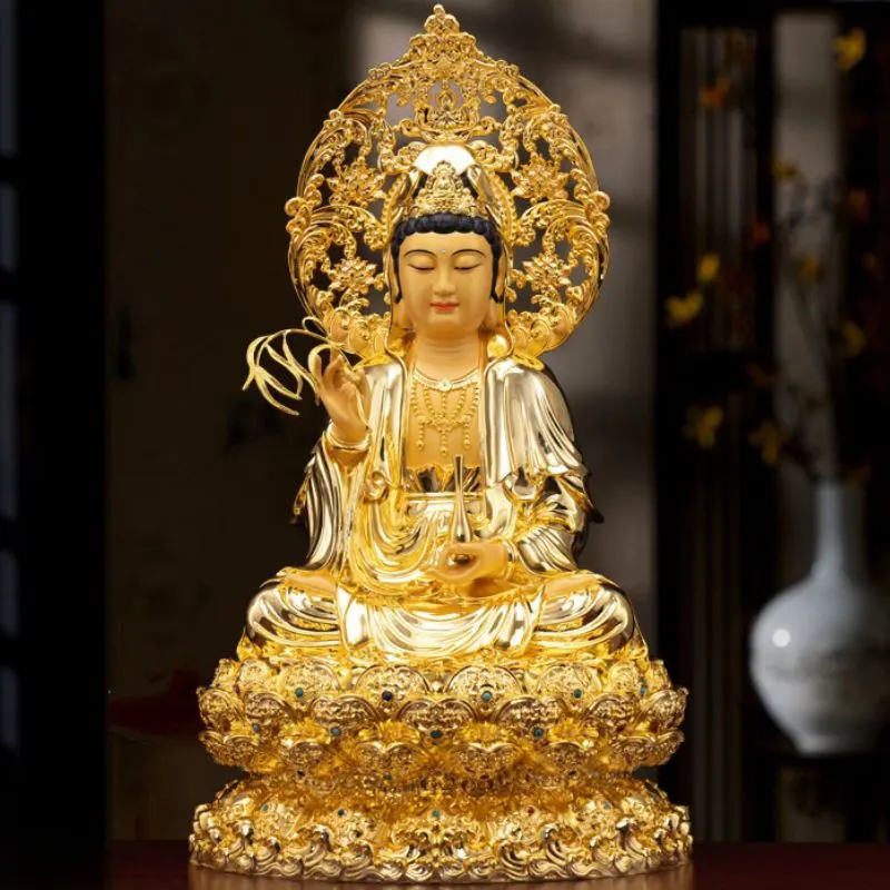 Goud vergulde Lotus Boeddha Guanyin Bodhisattva-standbeeld