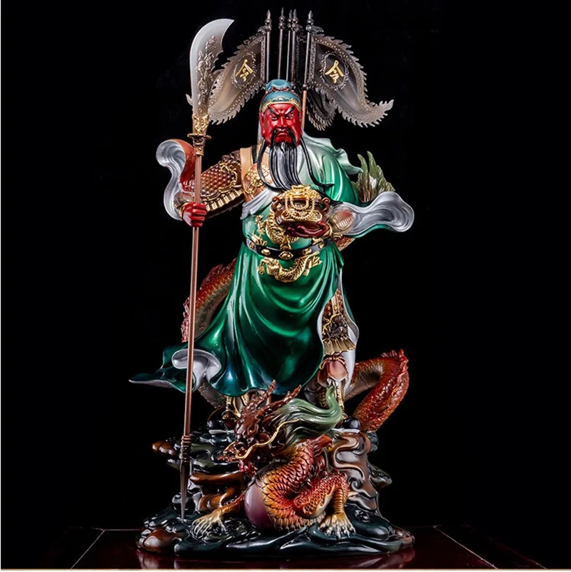 Puur messing rijdende draak Guan Yu Fortune standbeeld